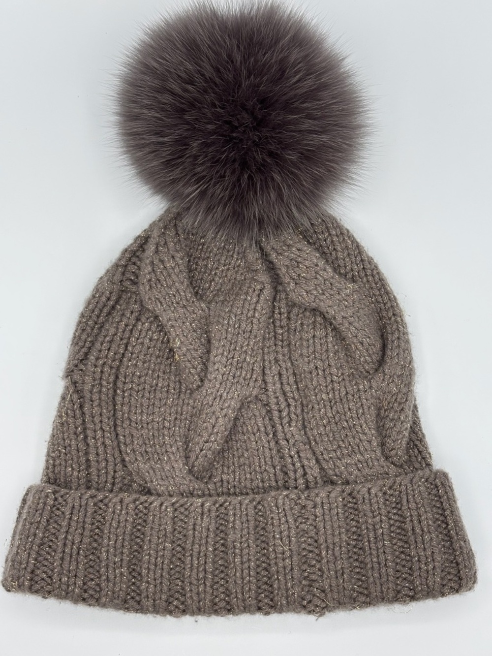 Loro Piana Cable Knit Beanie with Fur Pom-Pom